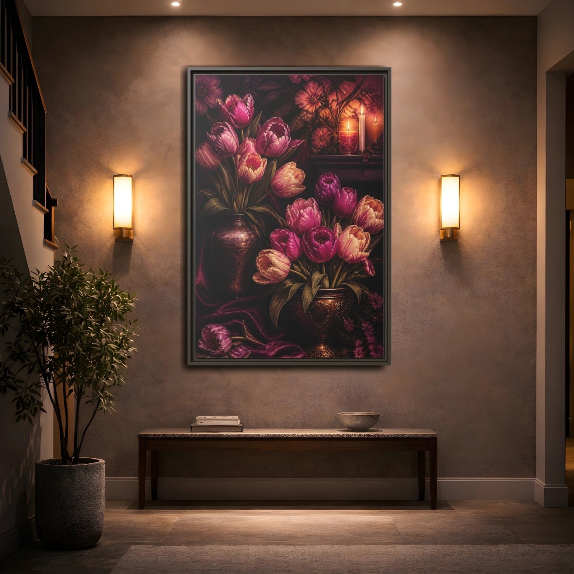 Floral Tulips Purple Framed Canvas Print – Classical Decor for Living Room, Above Fireplace - YesArtYes