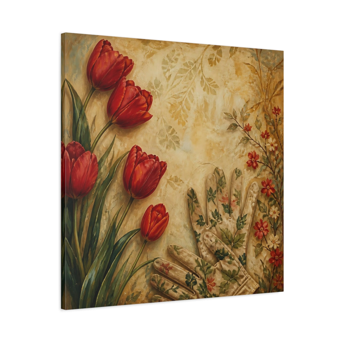 Main Mockup. Floral Tulips Red And Beige shown as stretched canvas wall art