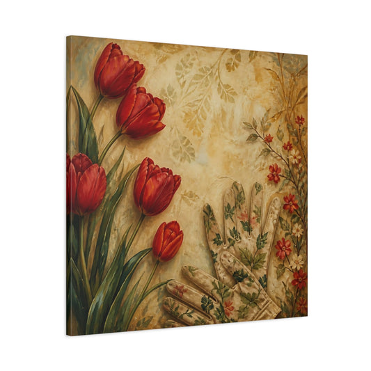 Main Mockup. Floral Tulips Red And Beige shown as stretched canvas wall art