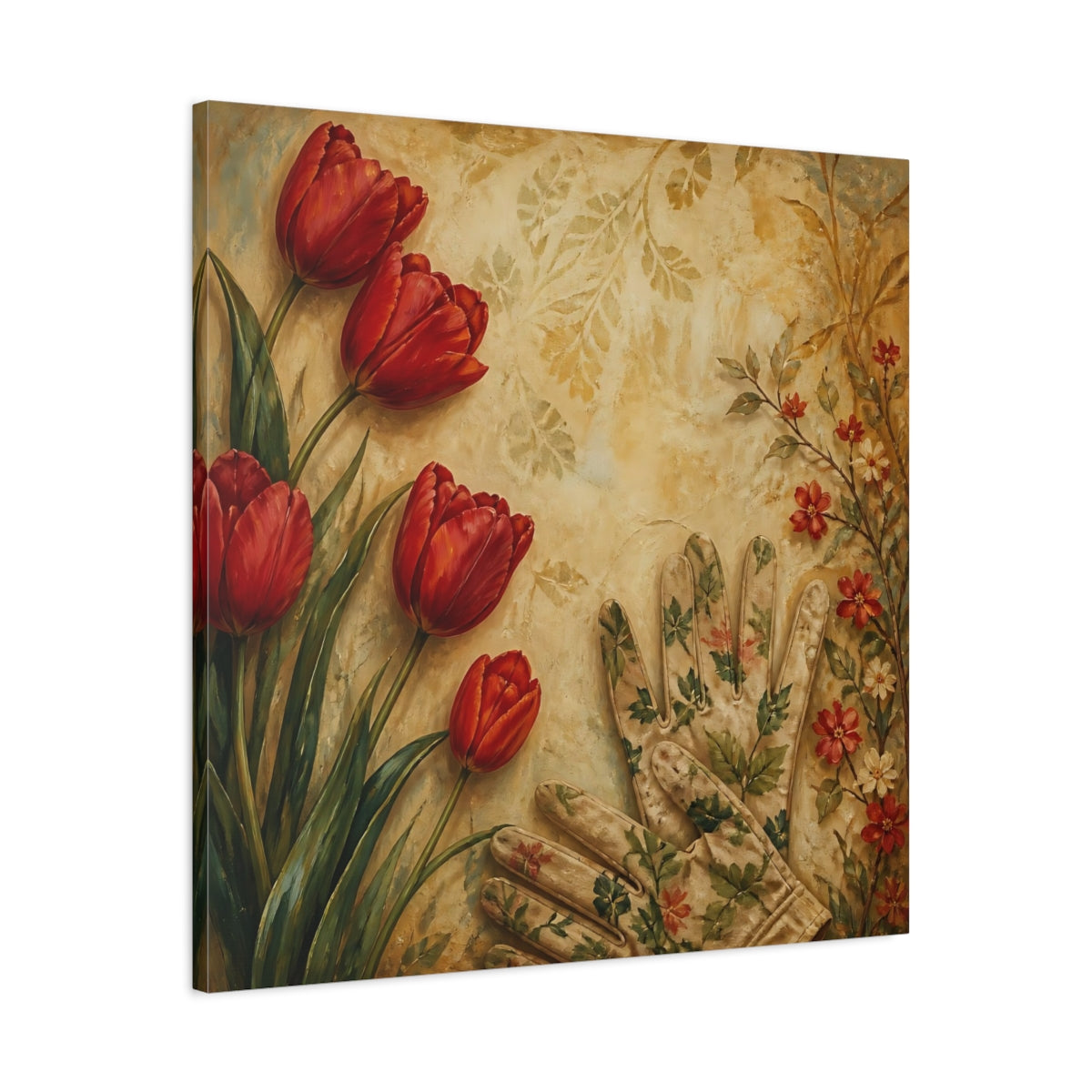 Side Mockup 3. Floral Tulips Red And Beige shown as stretched canvas wall art