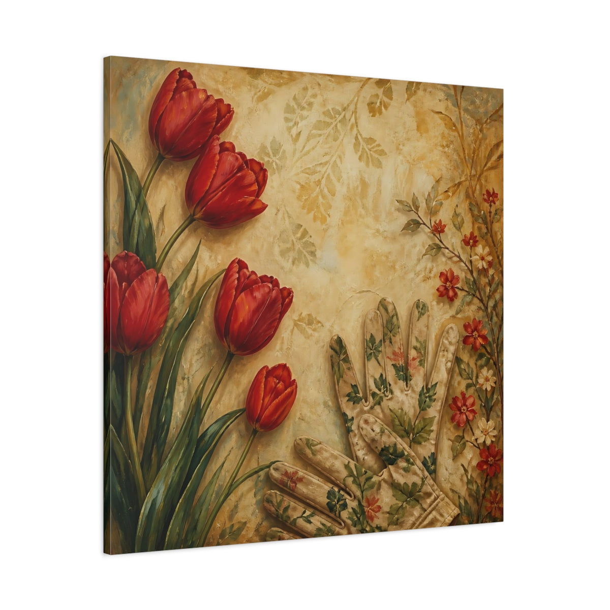 Side Mockup 1. Floral Tulips Red And Beige shown as stretched canvas wall art