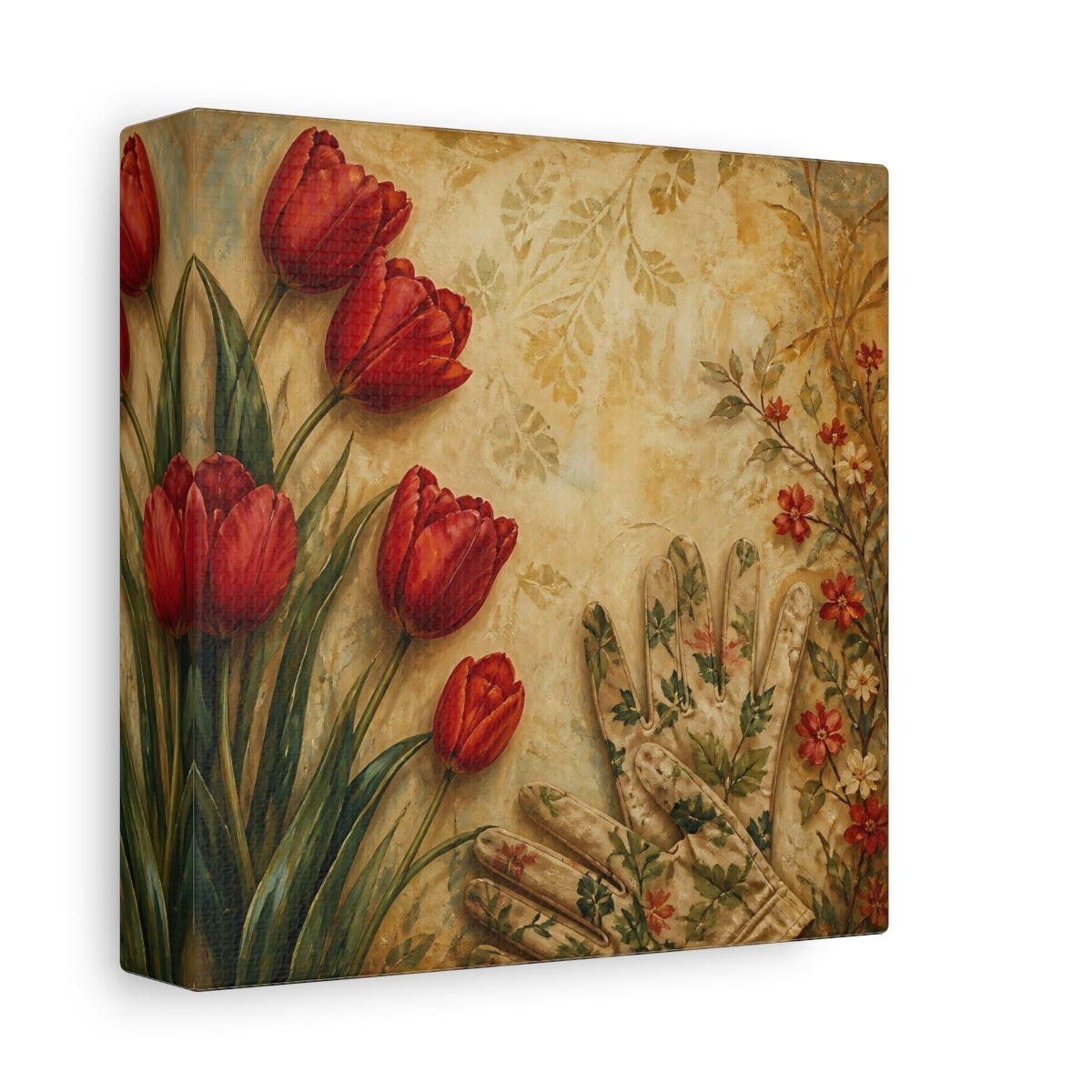 Side Mockup 2. Floral Tulips Red And Beige shown as stretched canvas wall art