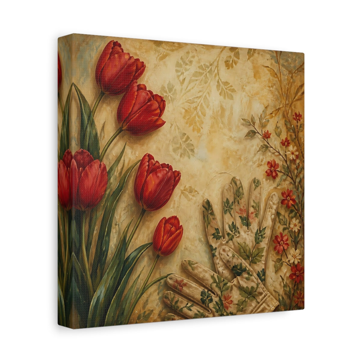 Side Mockup 9. Floral Tulips Red And Beige shown as stretched canvas wall art