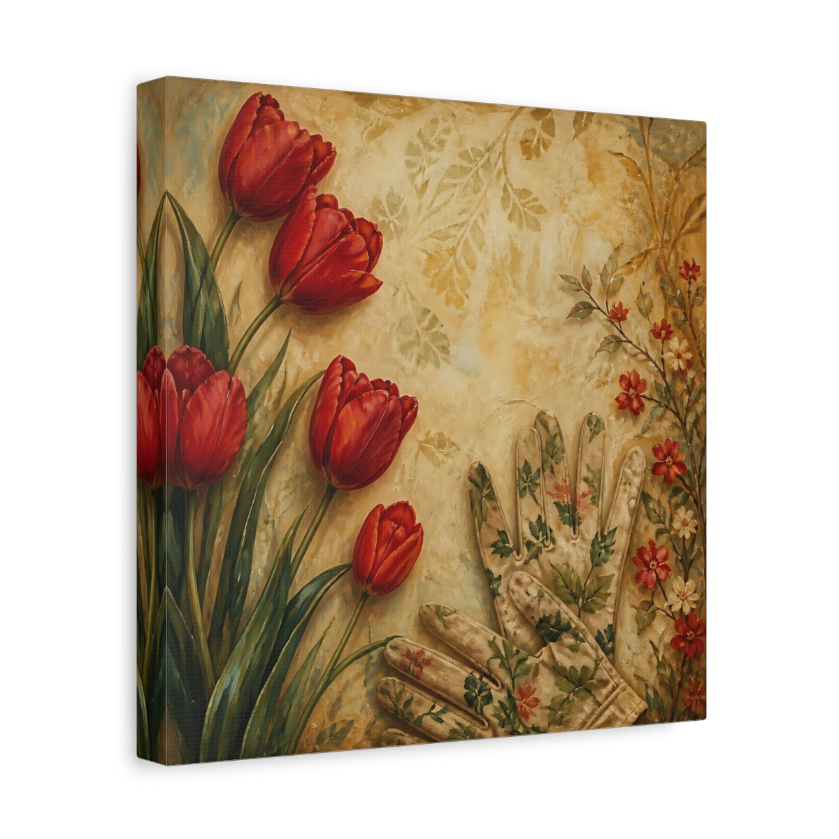 Side Mockup 8. Floral Tulips Red And Beige shown as stretched canvas wall art