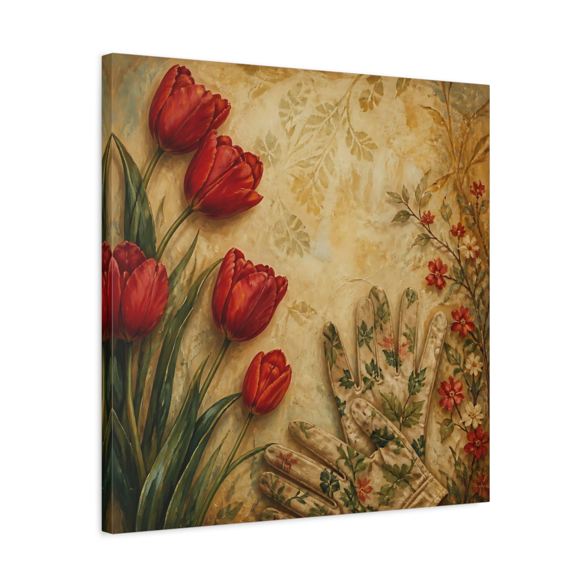 Side Mockup 4. Floral Tulips Red And Beige shown as stretched canvas wall art
