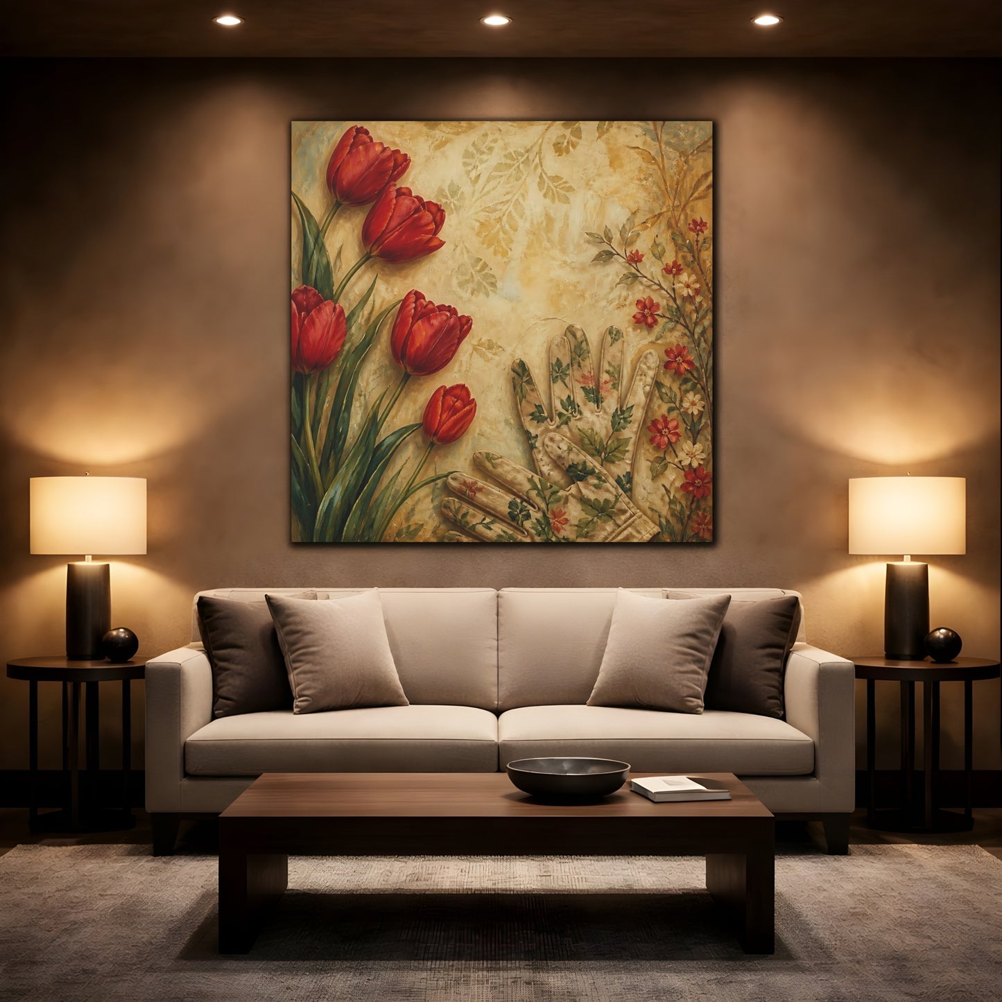 Mockup 2. Floral Tulips Red And Beige shown as stretched canvas wall art