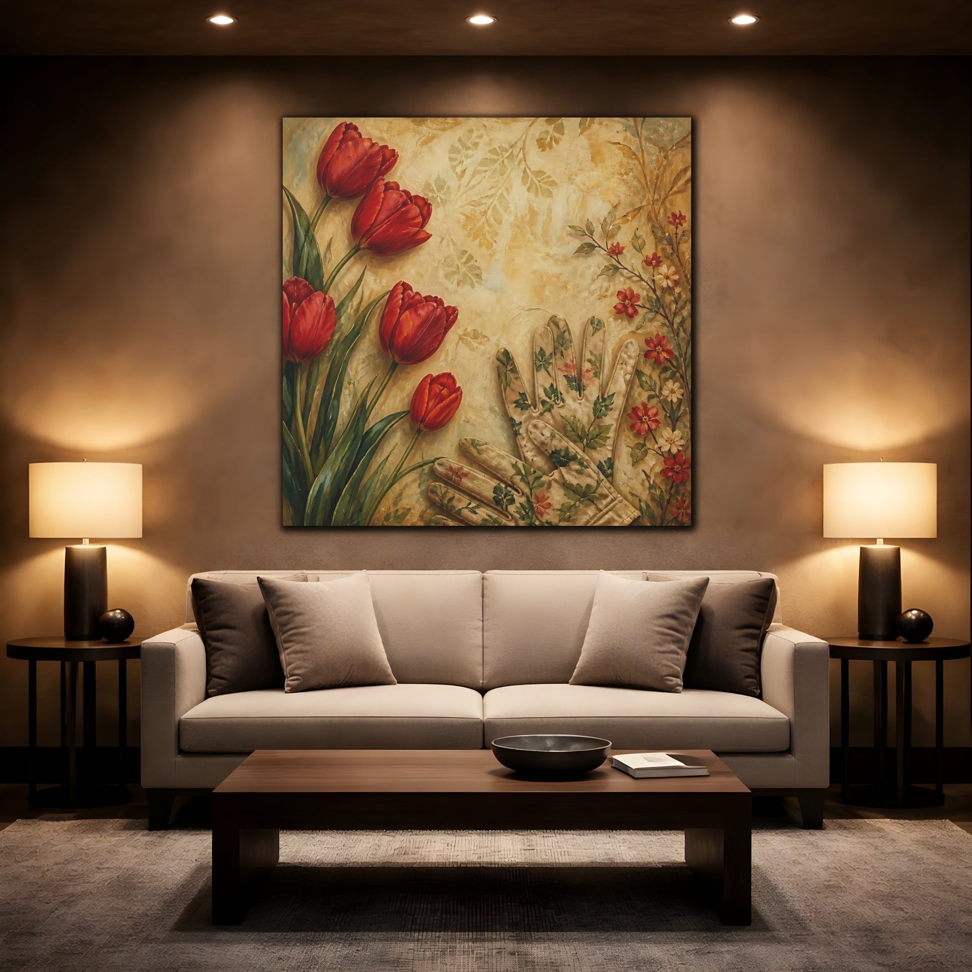 Mockup 2. Floral Tulips Red And Beige shown as stretched canvas wall art