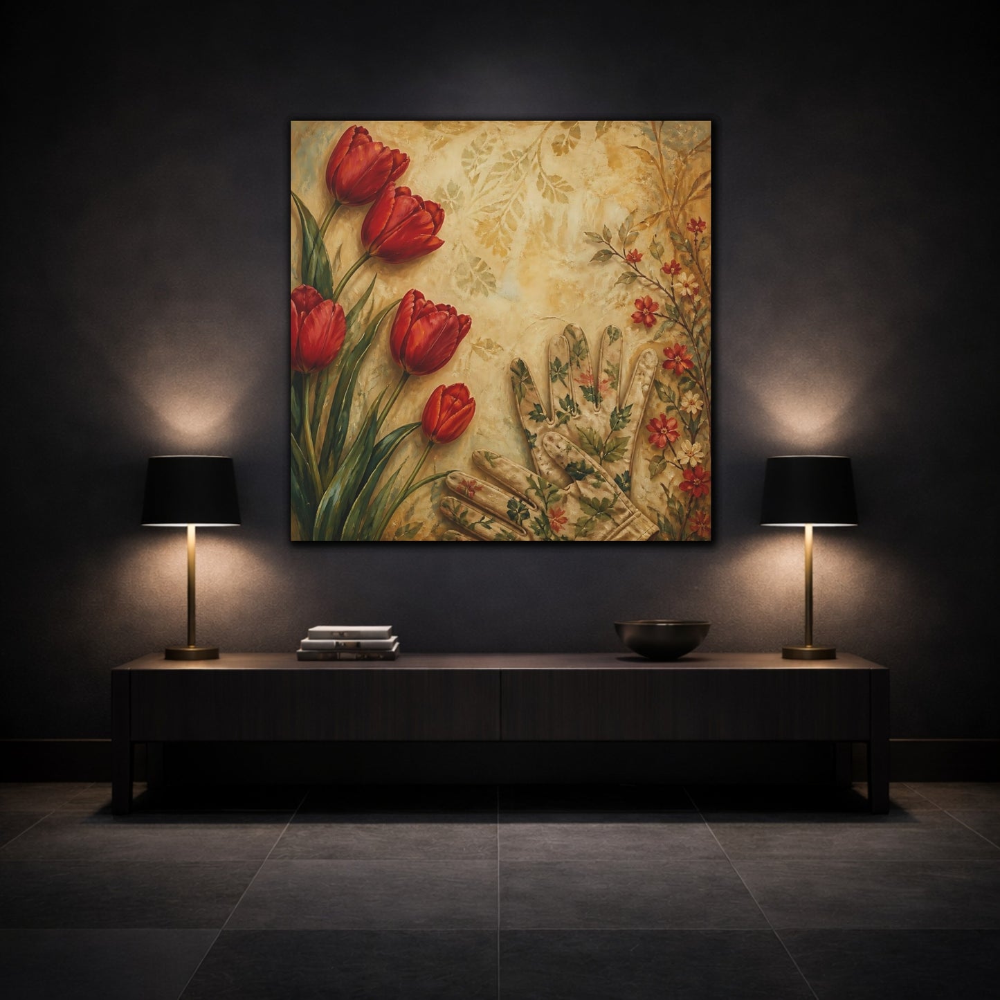 Mockup 3. Floral Tulips Red And Beige shown as stretched canvas wall art