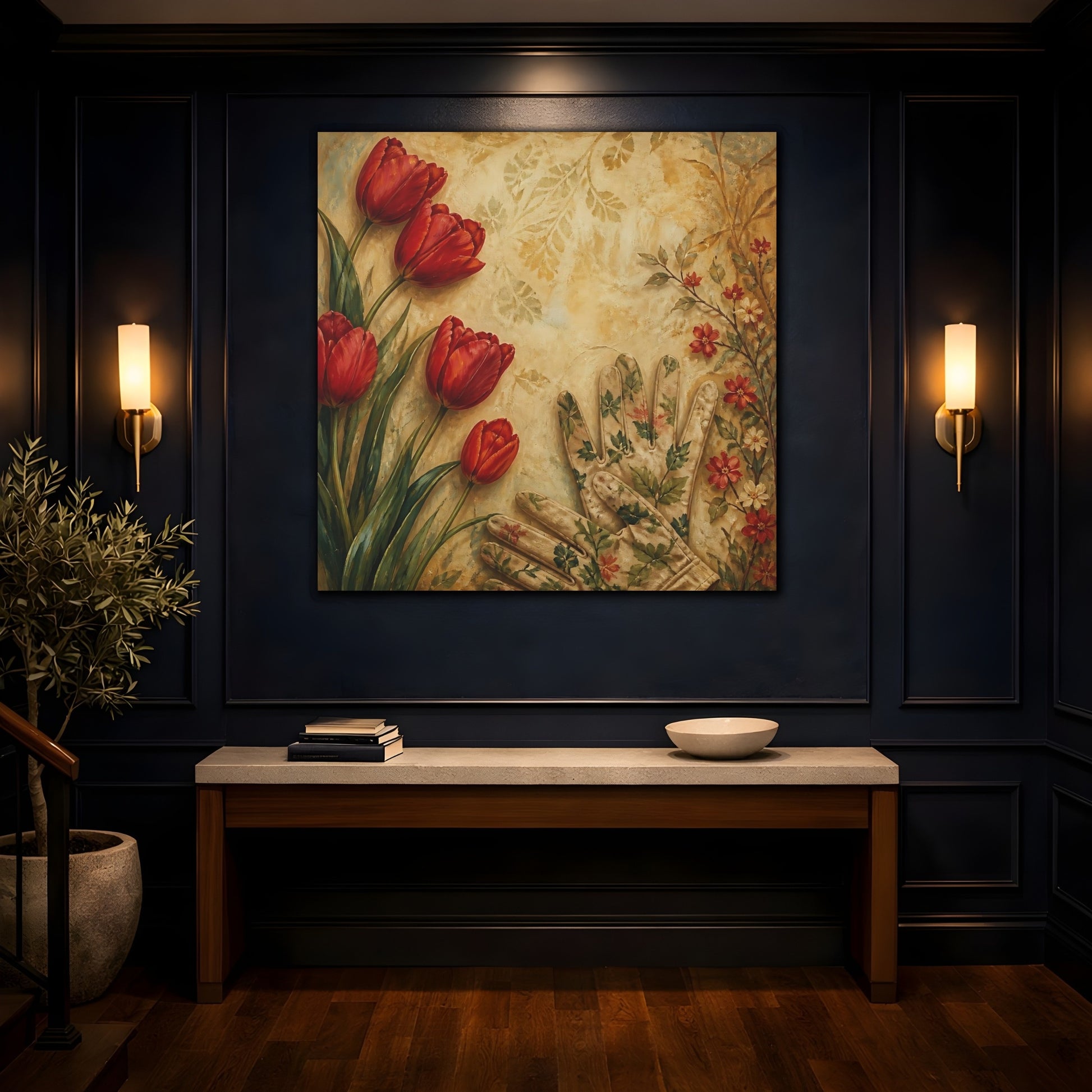 Mockup 4. Floral Tulips Red And Beige shown as stretched canvas wall art