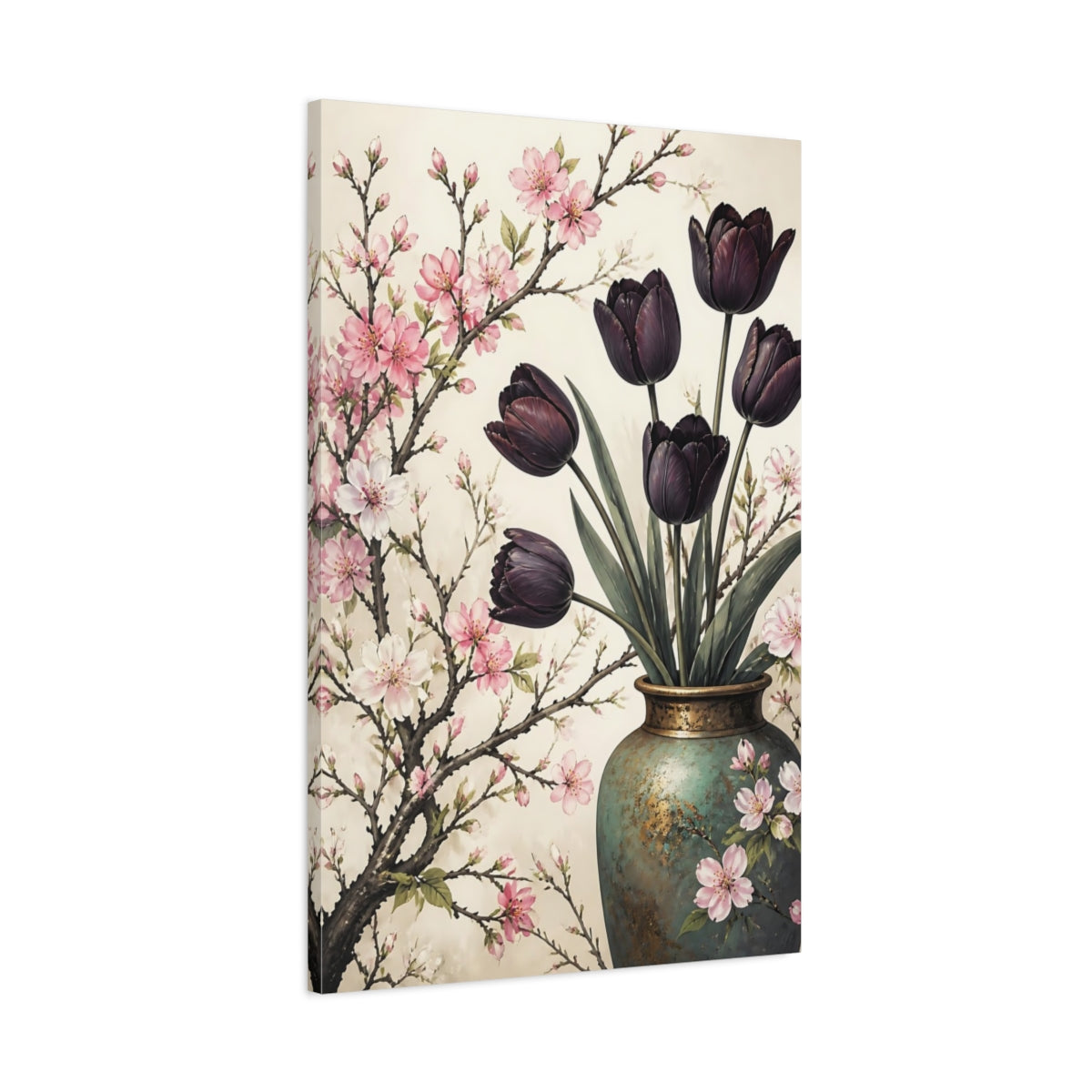 Main Mockup. Floral Tulips, Cherry Blossoms Pink Purple Floral shown as canvas print