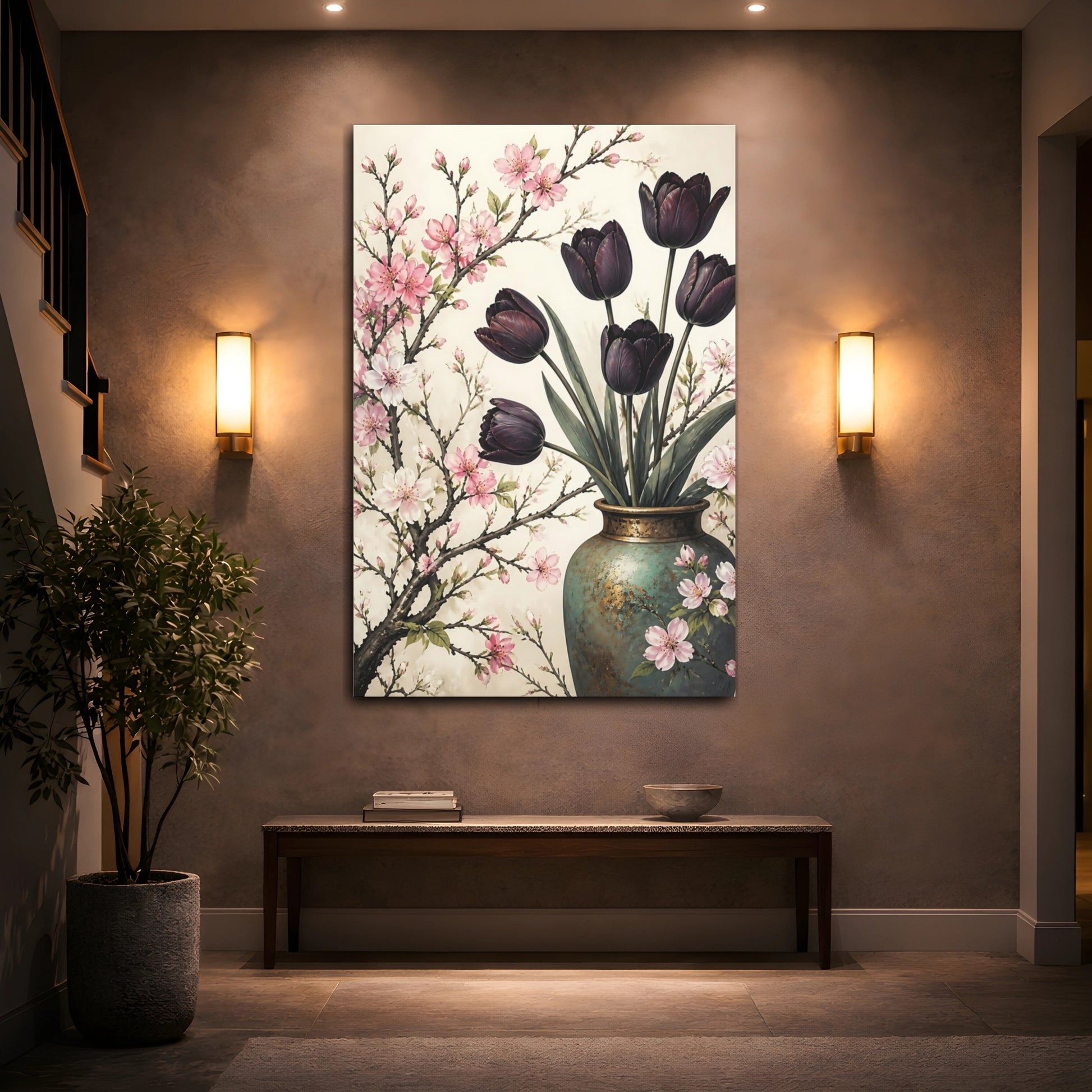 Mockup 2. Floral Tulips, Cherry Blossoms Pink Purple Floral shown as canvas print