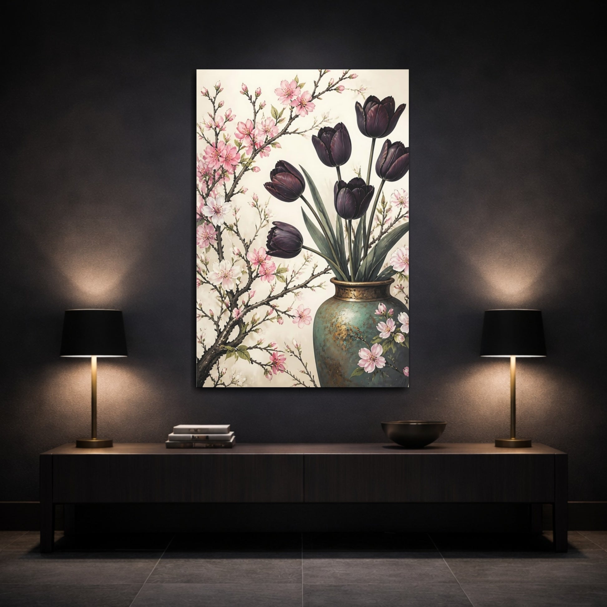 Mockup 3. Floral Tulips, Cherry Blossoms Pink Purple Floral shown as canvas print