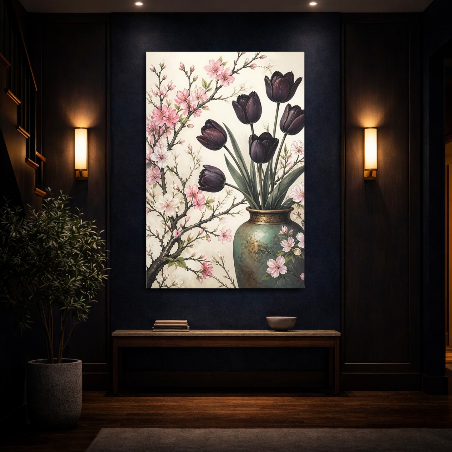Mockup 4. Floral Tulips, Cherry Blossoms Pink Purple Floral shown as canvas print