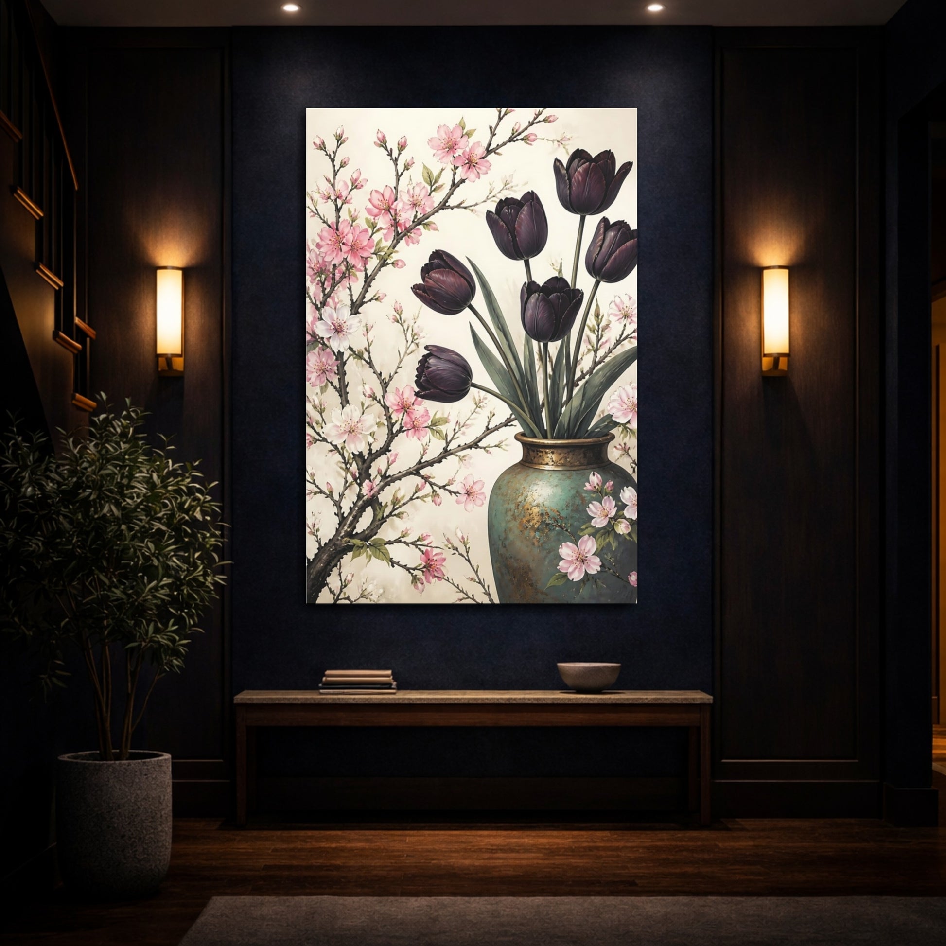 Mockup 4. Floral Tulips, Cherry Blossoms Pink Purple Floral shown as canvas print