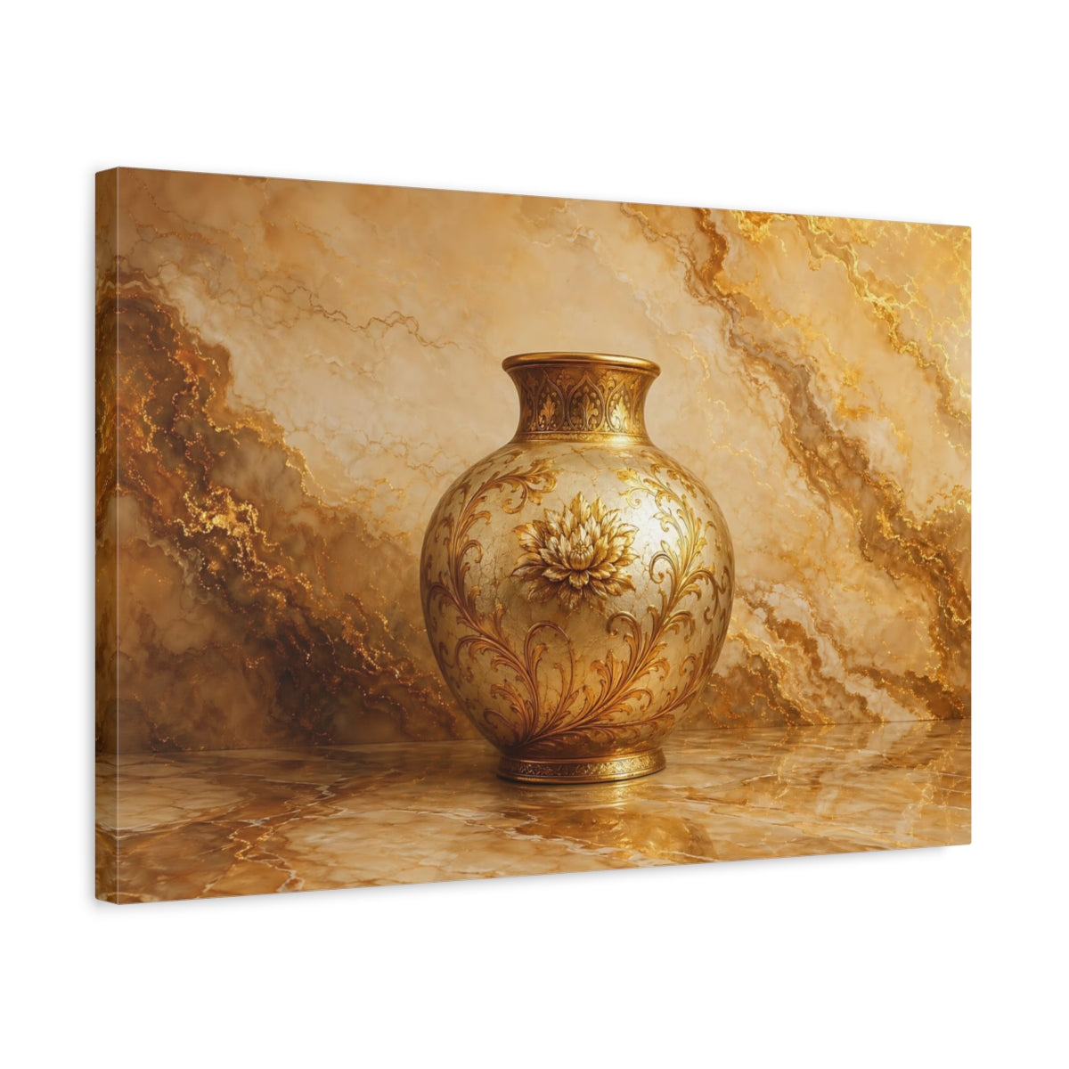 Side Mockup 3. Floral Floral Vase Gold Floral shown as stretched canvas wall art