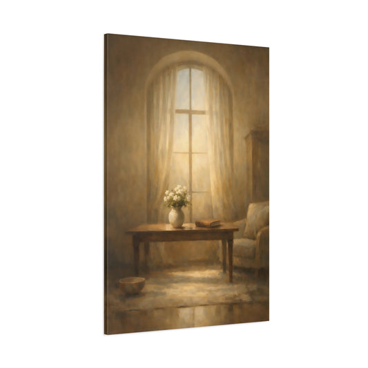 Main Mockup. Floral Vase Of Flowers Warm Light Window shown as stretched canvas wall art