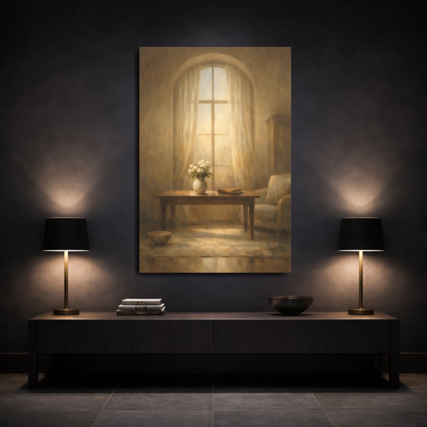 Mockup 2. Floral Vase Of Flowers Warm Light Window shown as stretched canvas wall art