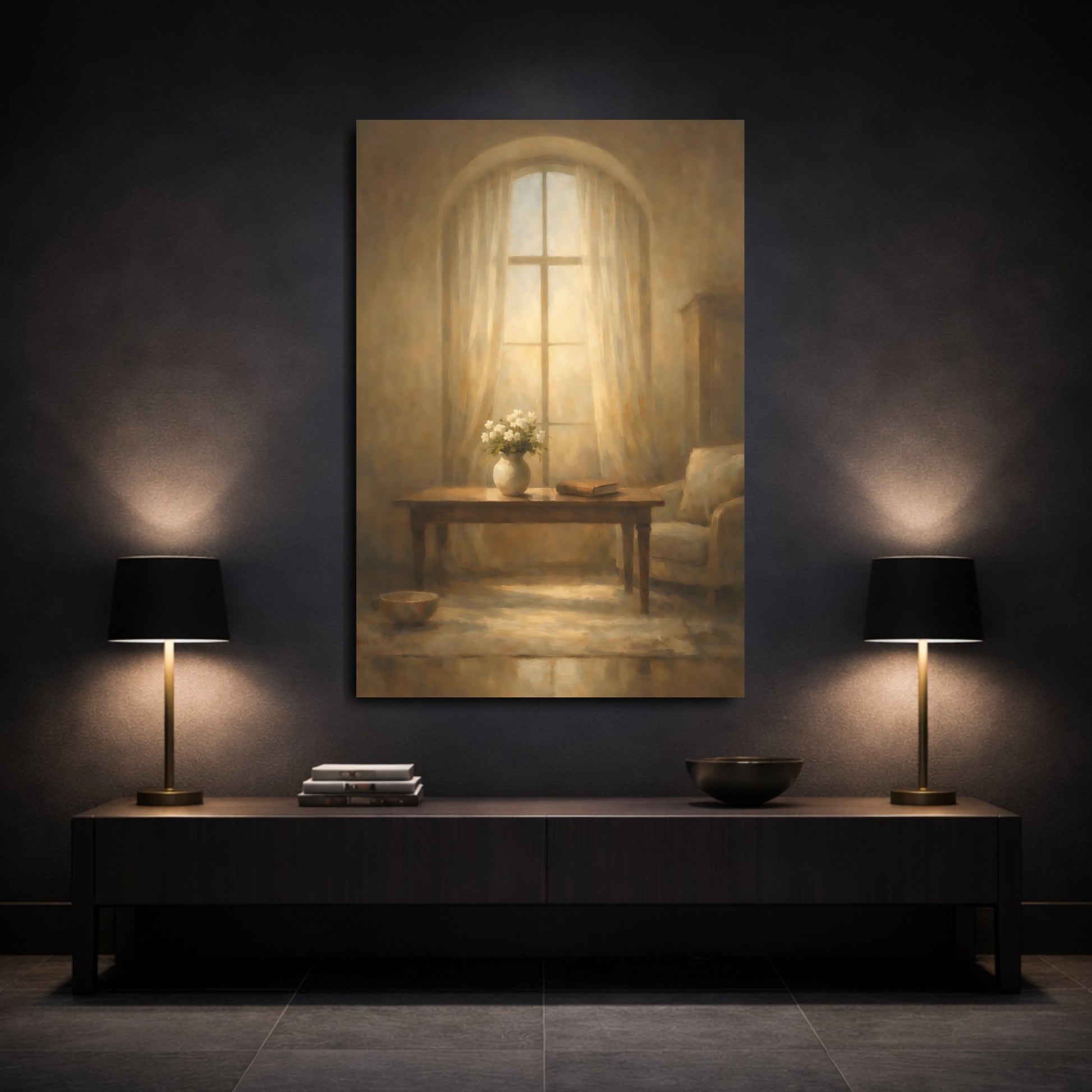 Mockup 2. Floral Vase Of Flowers Warm Light Window shown as stretched canvas wall art