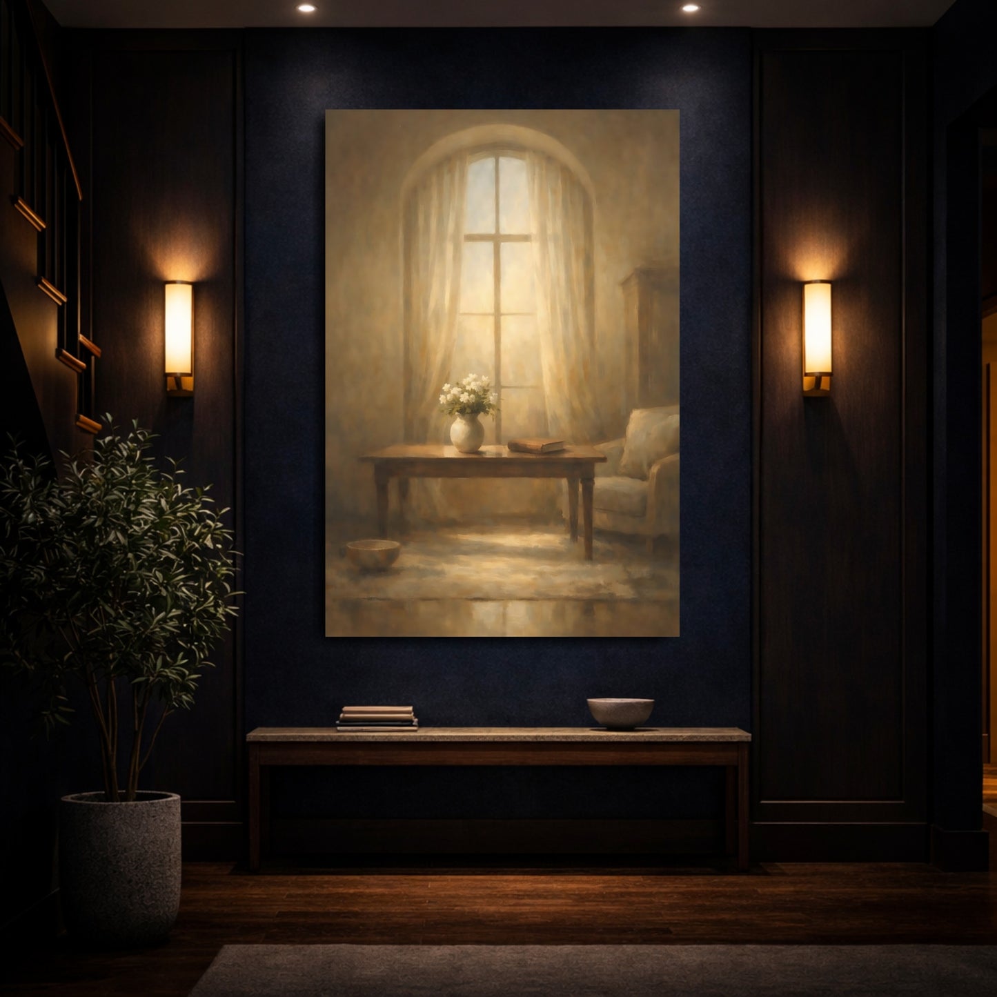 Mockup 3. Floral Vase Of Flowers Warm Light Window shown as stretched canvas wall art