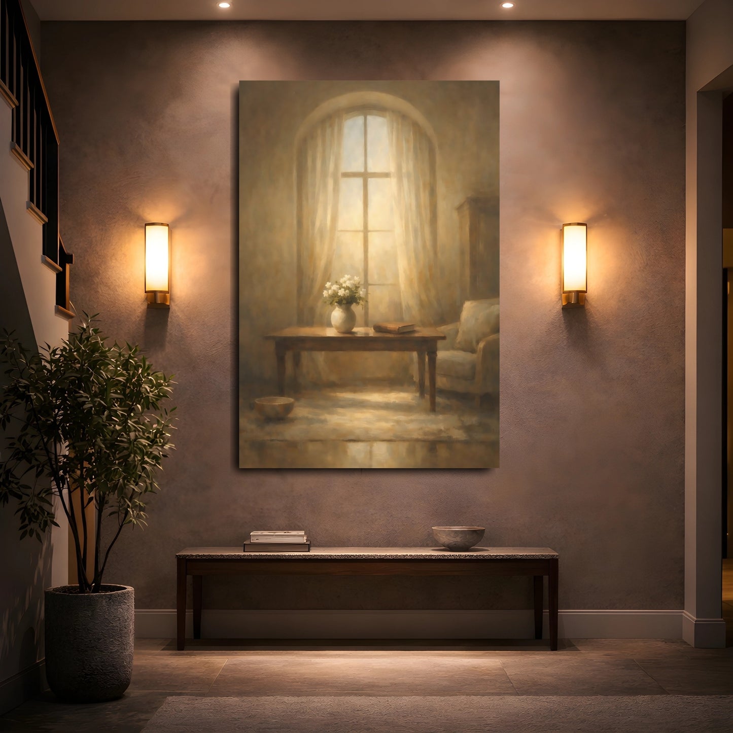 Mockup 4. Floral Vase Of Flowers Warm Light Window shown as stretched canvas wall art