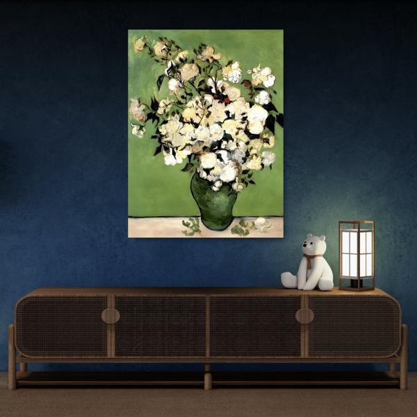 Floral Vase of Roses Canvas Wall Art - Green Van Gogh Print - YesArtYes