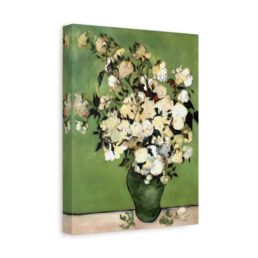 Floral Vase of Roses Canvas Wall Art - Green Van Gogh Print - YesArtYes