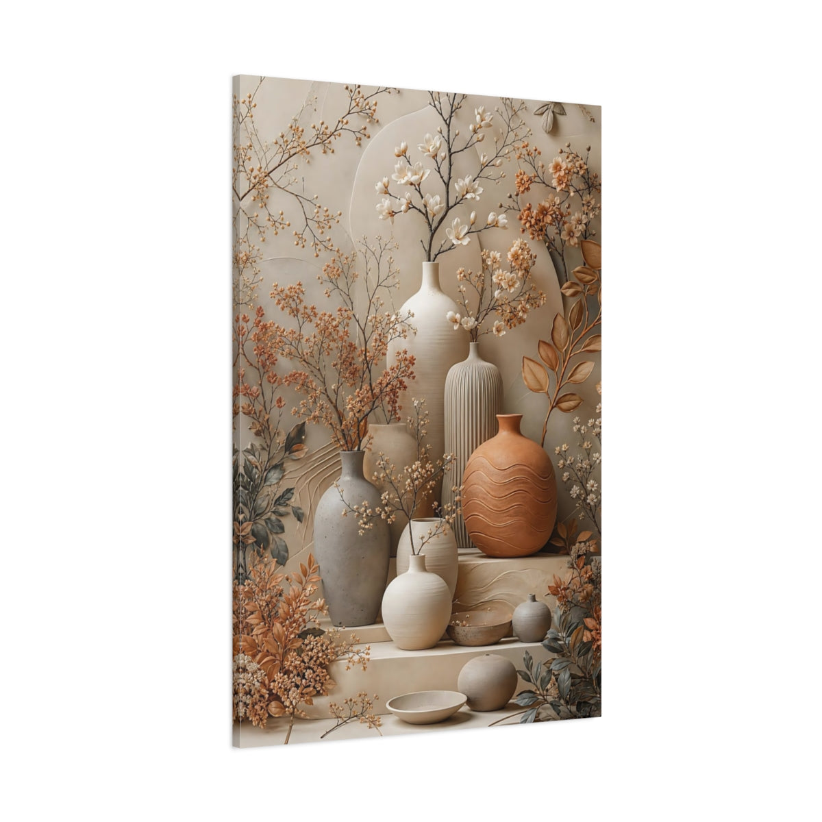 Side Mockup 1. Floral Floral Vases Neutral Terracotta shown as stretched canvas wall art
