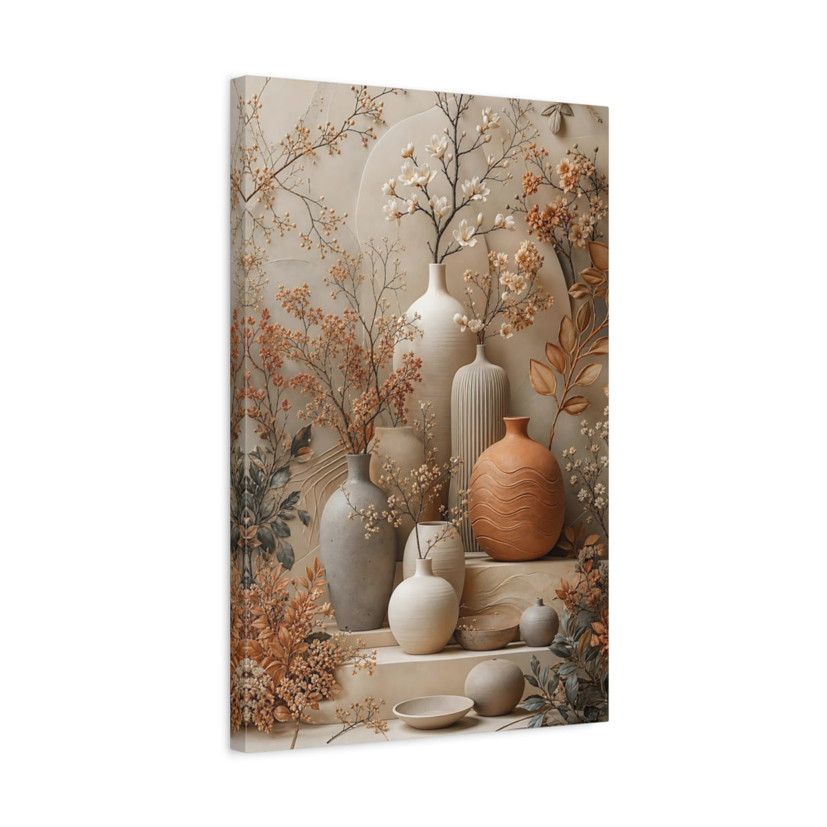 Side Mockup 3. Floral Floral Vases Neutral Terracotta shown as stretched canvas wall art