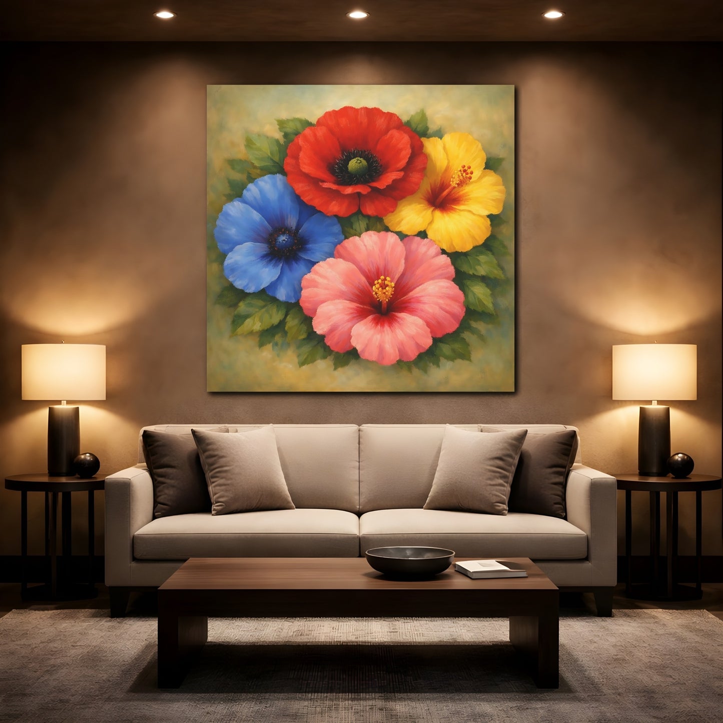 Mockup 2. Floral Vibrant Flowers Colorful Floral shown as stretched canvas wall art