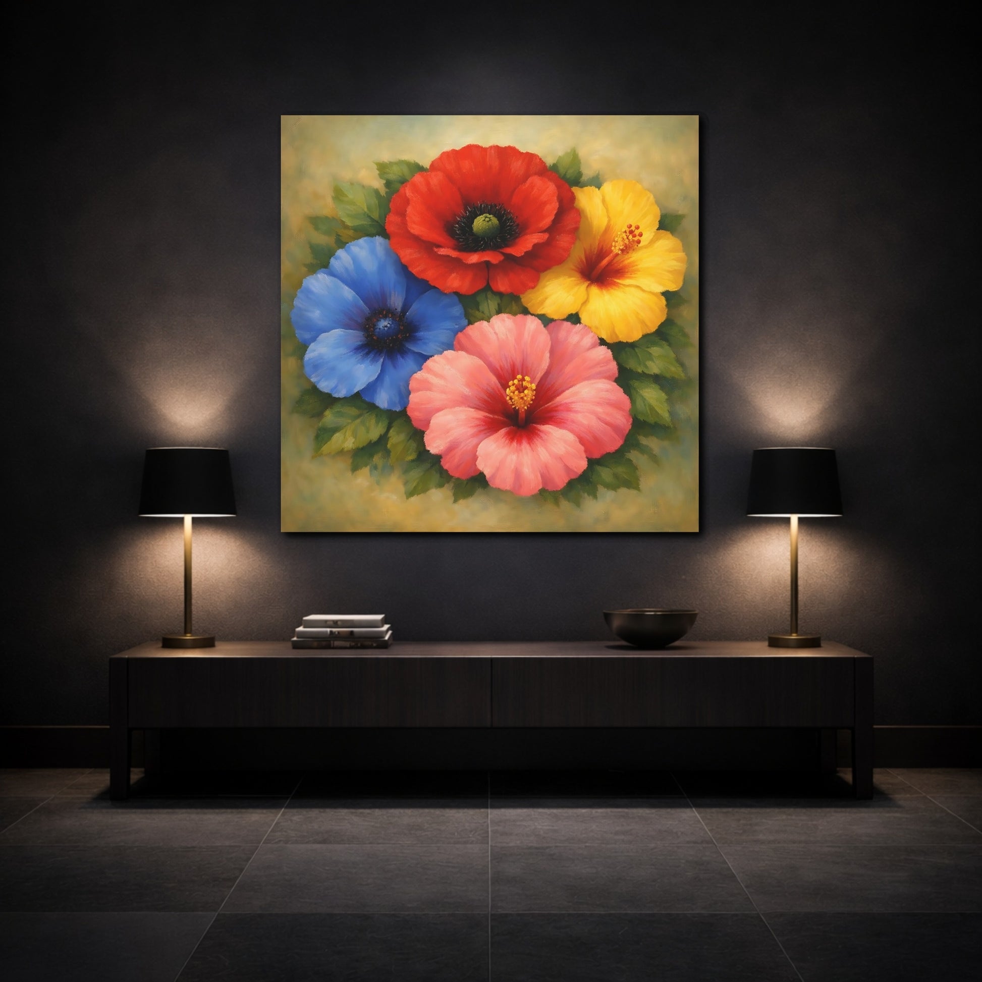 Mockup 3. Floral Vibrant Flowers Colorful Floral shown as stretched canvas wall art