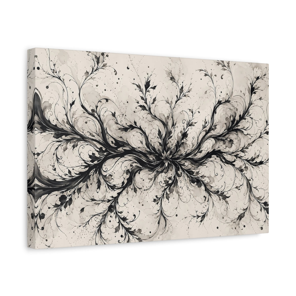 Side Mockup 4. Floral Floral Vines Black And Cream shown as stretched canvas wall art
