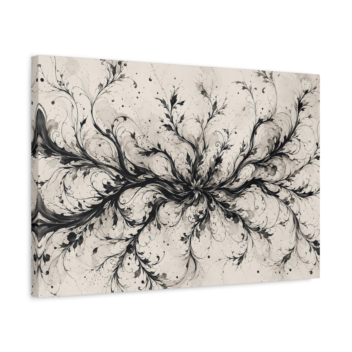 Side Mockup 3. Floral Floral Vines Black And Cream shown as stretched canvas wall art