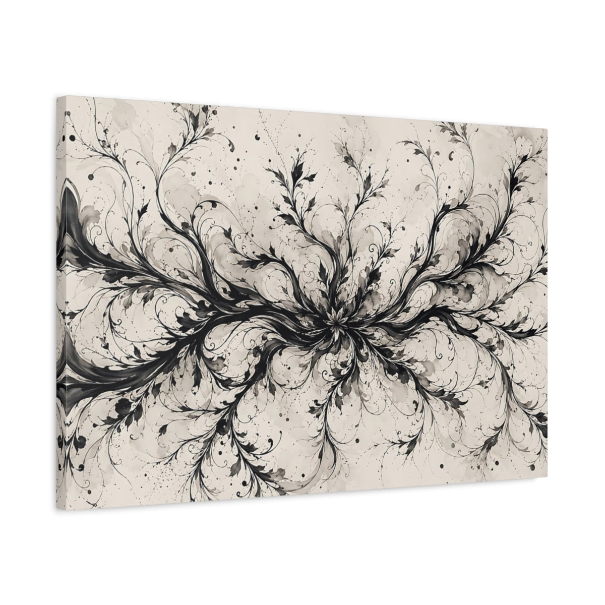 Side Mockup 2. Floral Floral Vines Black And Cream shown as stretched canvas wall art