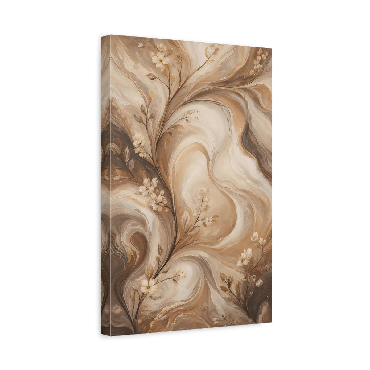 Side Mockup 4. Floral Floral Vines Brown And Beige shown as stretched canvas wall art