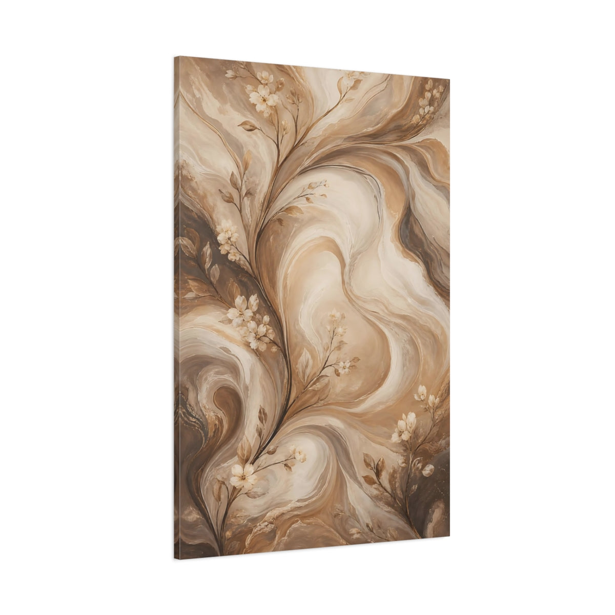 Side Mockup 1. Floral Floral Vines Brown And Beige shown as stretched canvas wall art