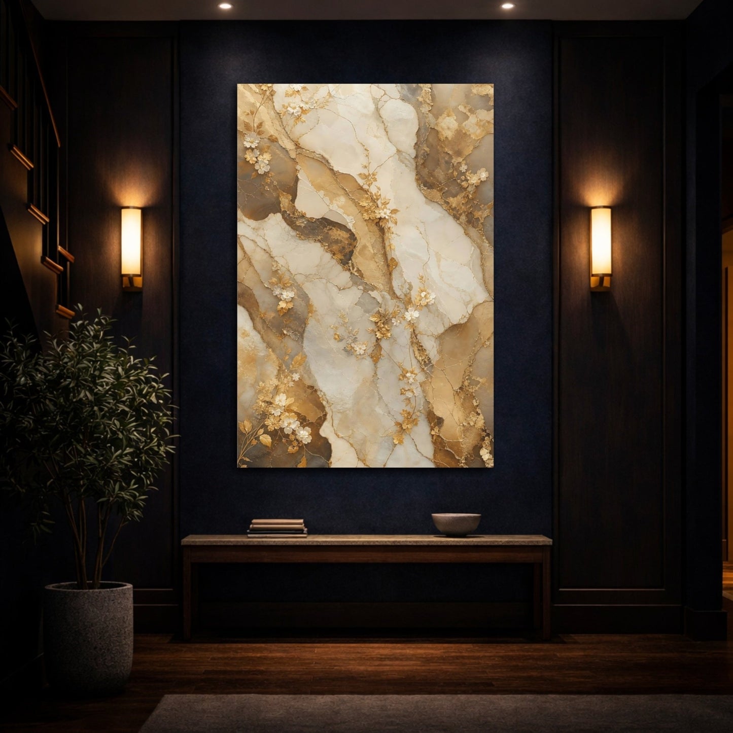 Floral Vines Gold Marble Canvas Print – Luxury Decor for Living Room, Large Wall - YesArtYes