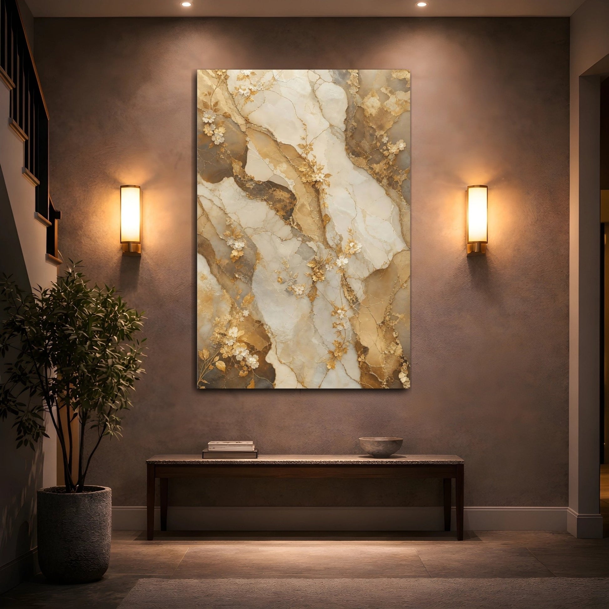 Floral Vines Gold Marble Canvas Print – Luxury Decor for Living Room, Large Wall - YesArtYes