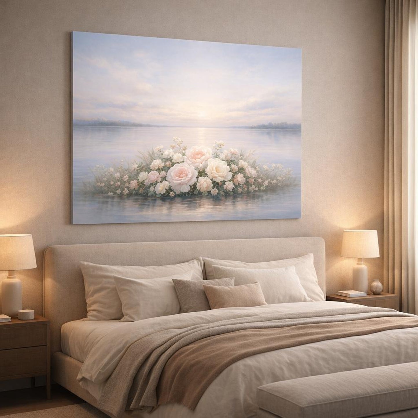 Floral Water Horizon shown as canvas wall art in a luxury bedroom