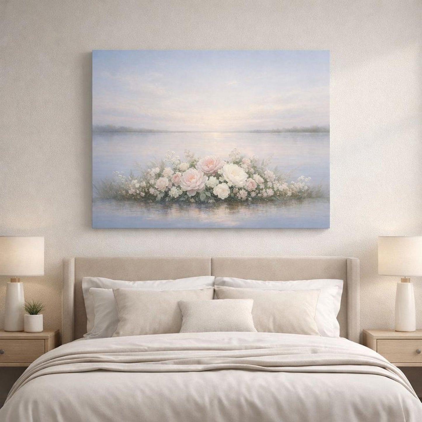 Floral Water Horizon shown as canvas wall art in a refined dining room