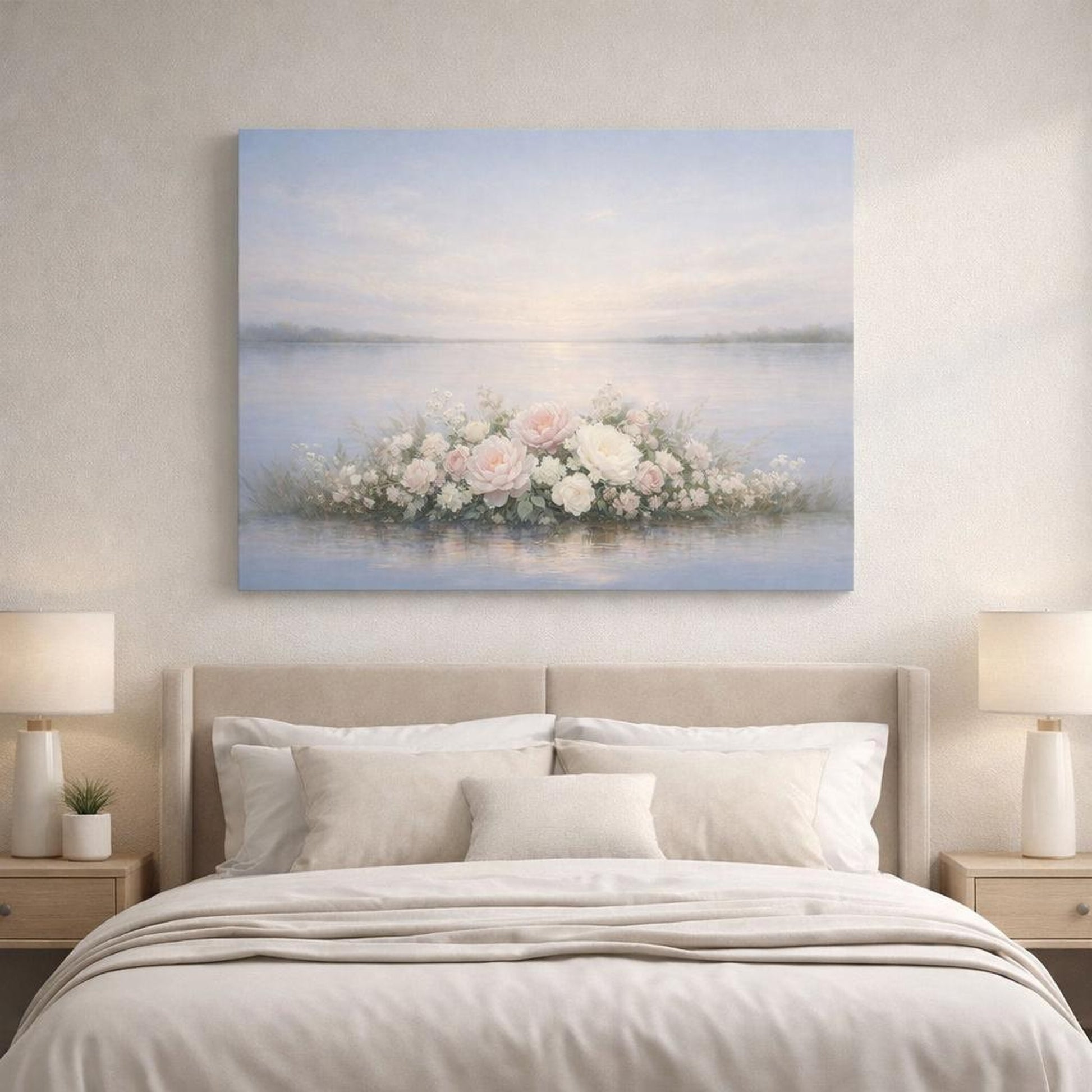 Floral Water Horizon shown as canvas wall art in a refined dining room
