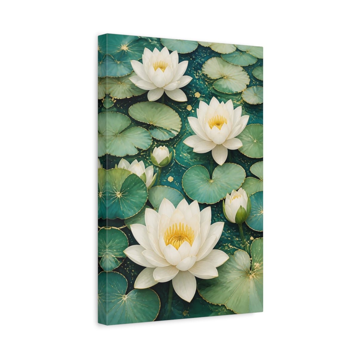 Floral Water Lilies Teal And White Canvas Print – Living Room, Above Sofa - YesArtYes