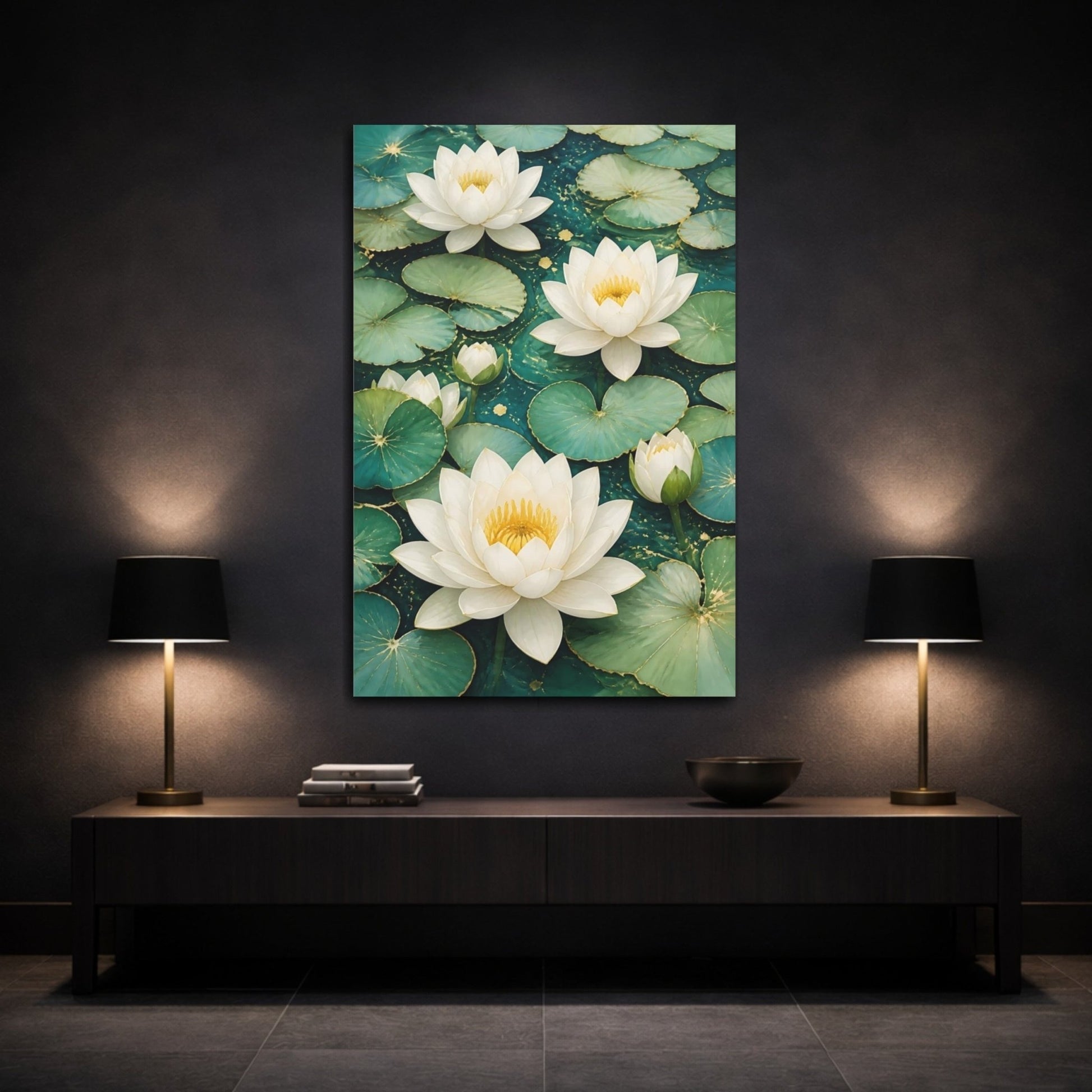 Floral Water Lilies Teal And White Canvas Print – Living Room, Above Sofa - YesArtYes
