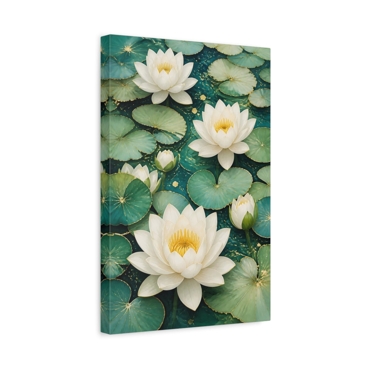 Side Mockup 4. Floral Water Lilies Teal And White Floral shown as canvas print