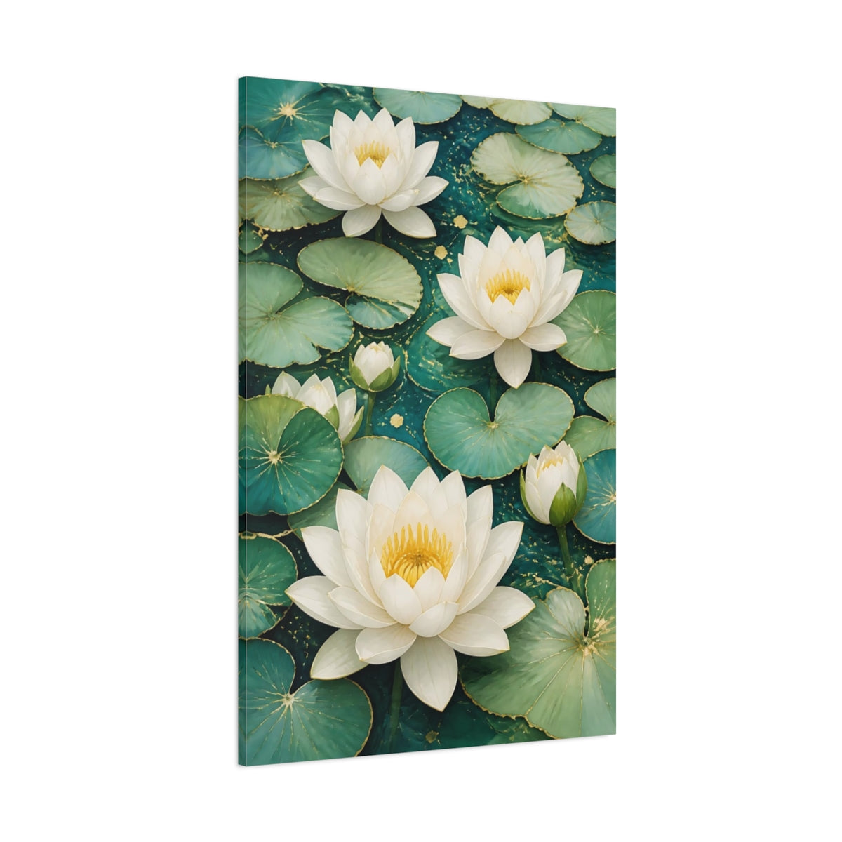 Side Mockup 1. Floral Water Lilies Teal And White Floral shown as canvas print