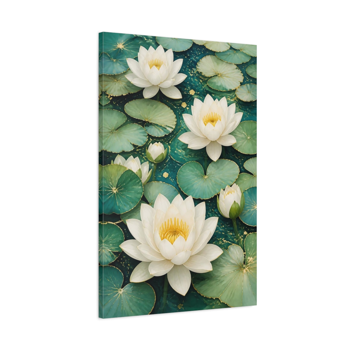 Main Mockup. Floral Water Lilies Teal And White Floral shown as canvas print