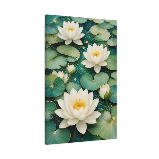 Main Mockup. Floral Water Lilies Teal And White Floral shown as canvas print
