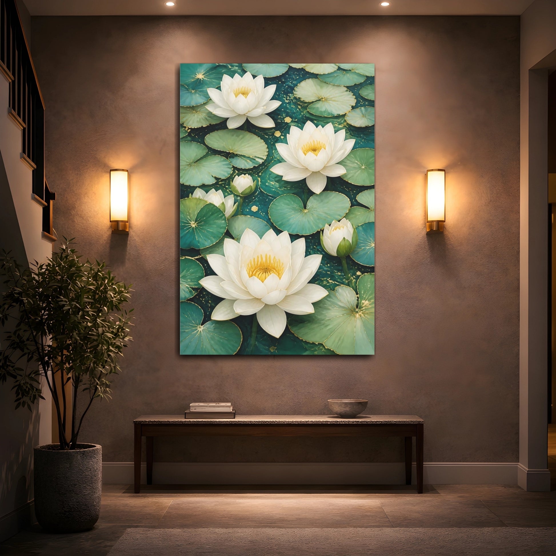 Mockup 2. Floral Water Lilies Teal And White Floral shown as canvas print