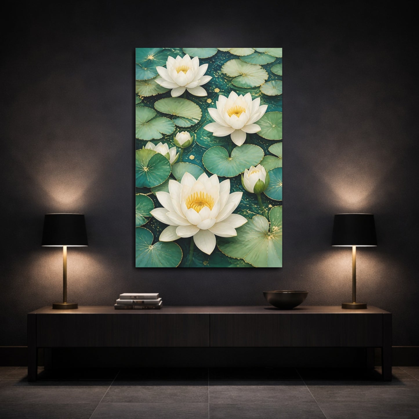 Mockup 3. Floral Water Lilies Teal And White Floral shown as canvas print