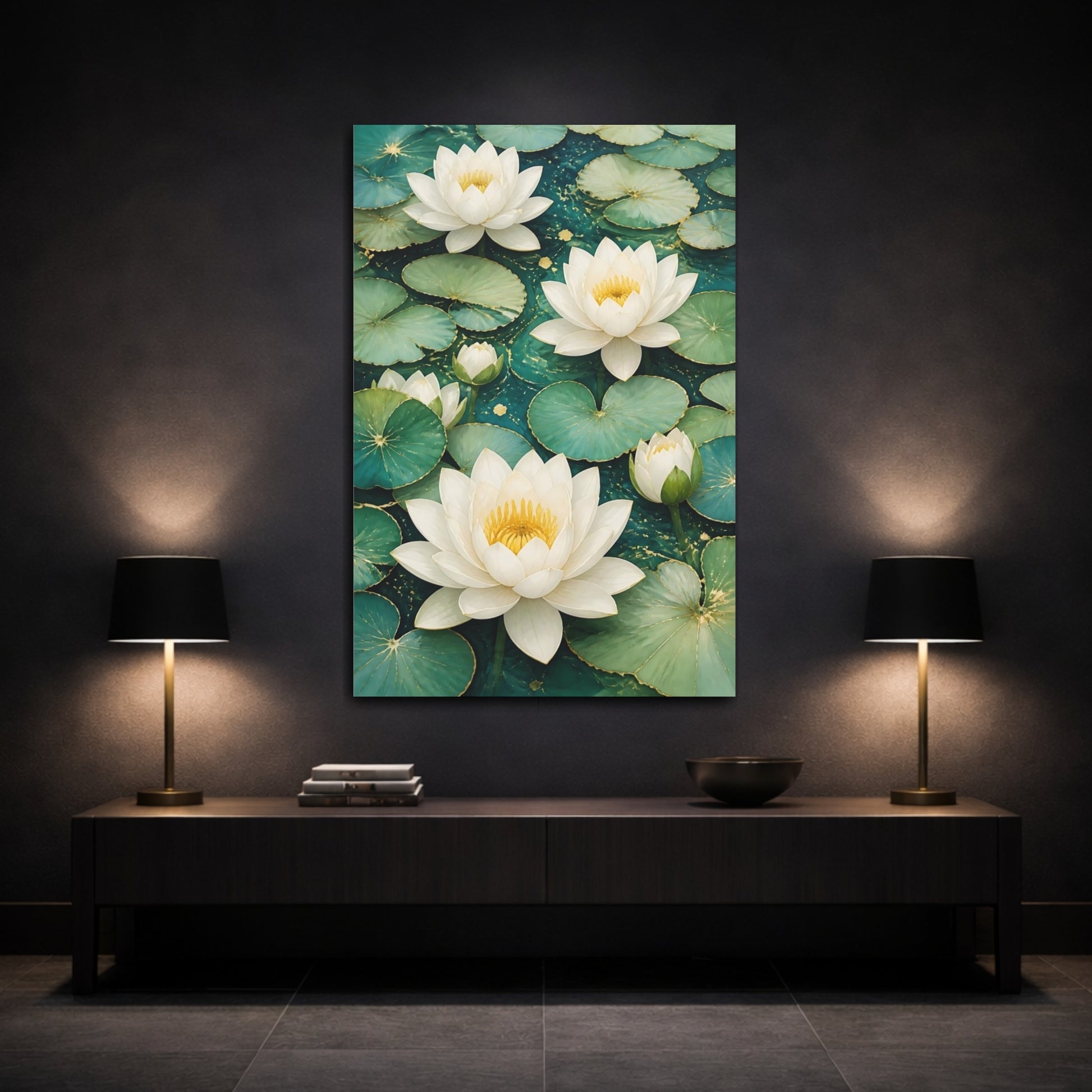 Mockup 3. Floral Water Lilies Teal And White Floral shown as canvas print