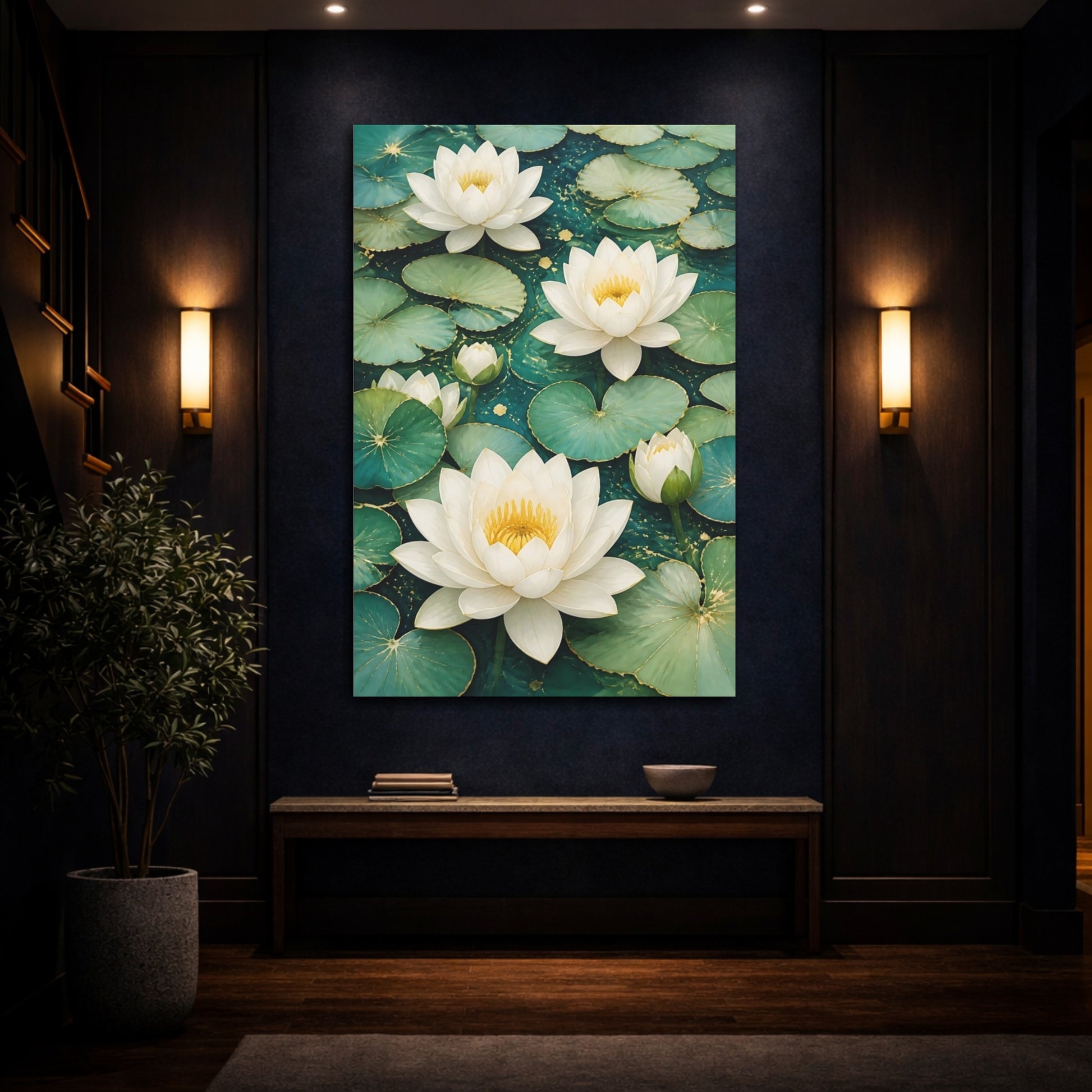 Mockup 4. Floral Water Lilies Teal And White Floral shown as canvas print